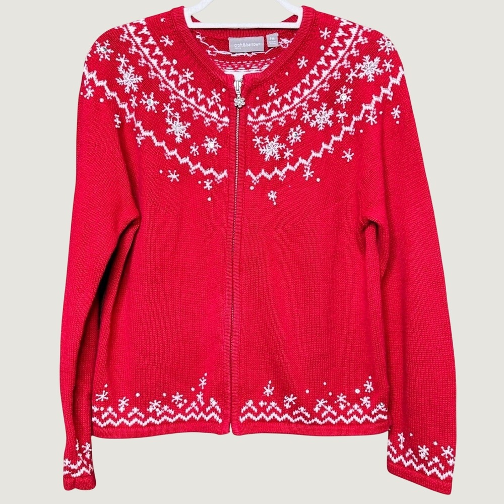 VTG Christmas Petite Red Snowflake Zip Up Cardigan Sweater Jacket Women PM